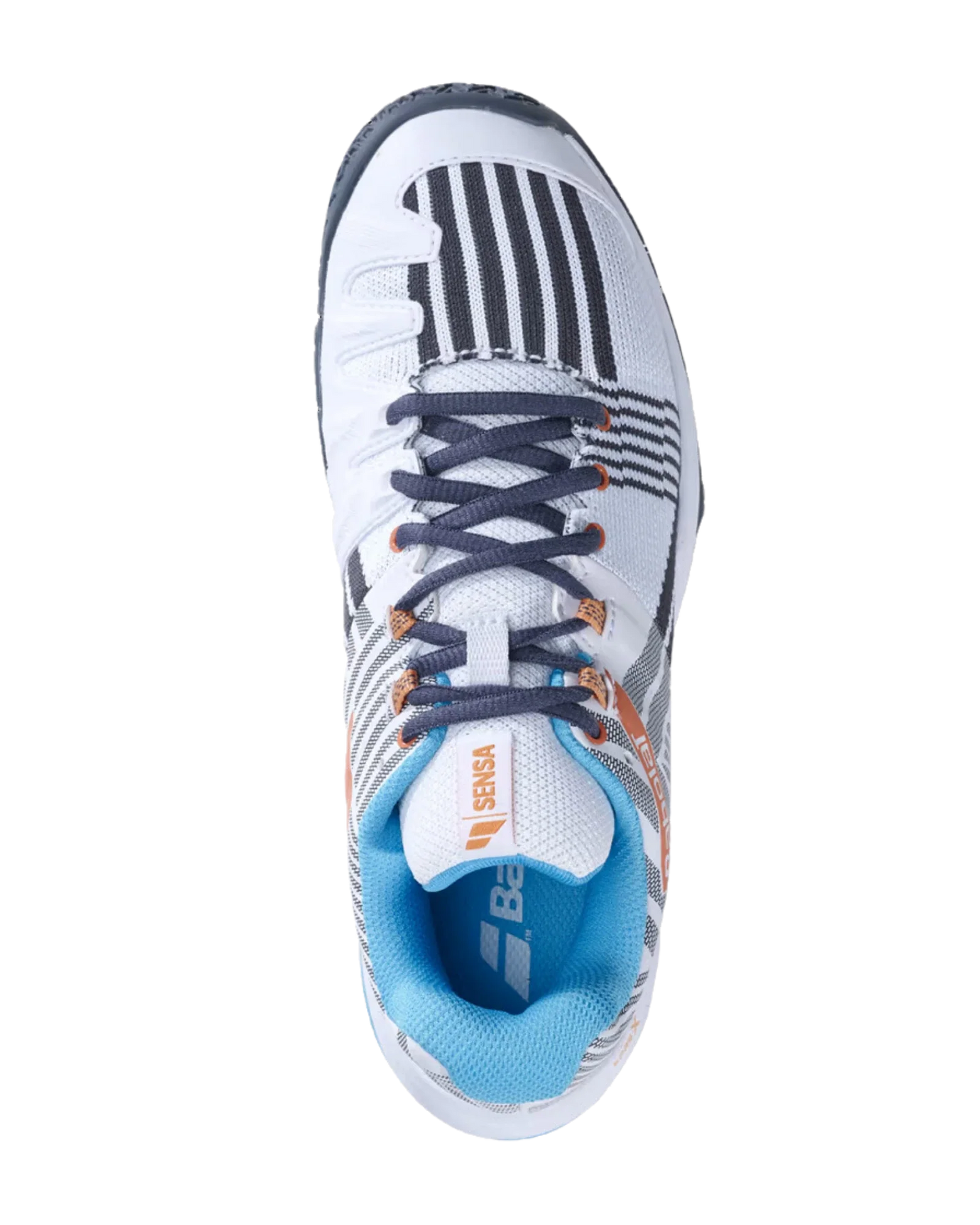 Top view of the Babolat Sensa White/Canyon Sunset Women Padel Shoes by Padel USA, featuring black and gray stripes, blue lining, orange accents, “Babolat” branding, blue-white laces, and a sturdy build for excellent sports stability.