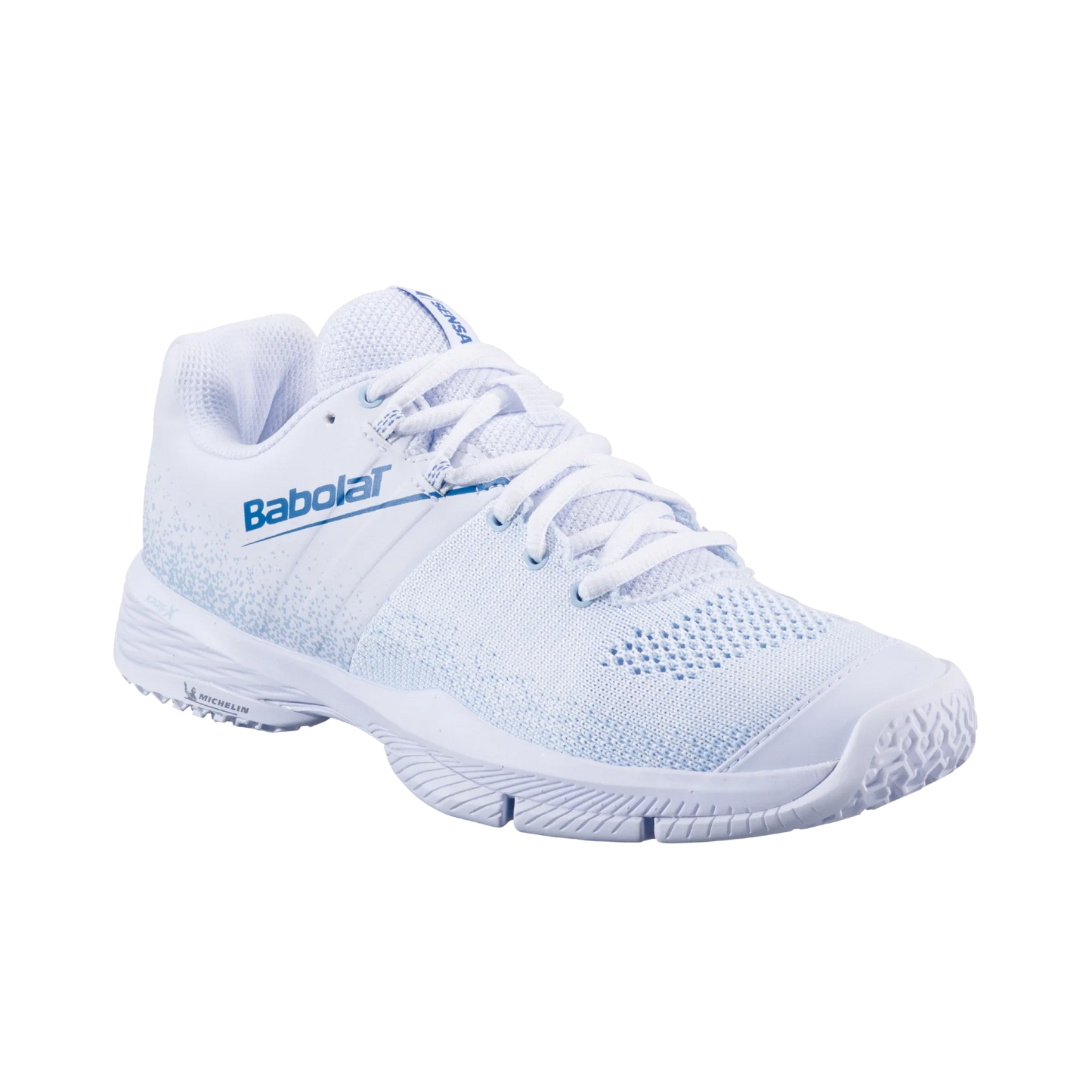 The Babolat Sensa White/Cool Blue Women Padel Shoes from Padel USA feature mesh fabric, Michelin rubber soles for grip, white laces, and blue accents with the Babolat logo on the side, shown on a plain white background.