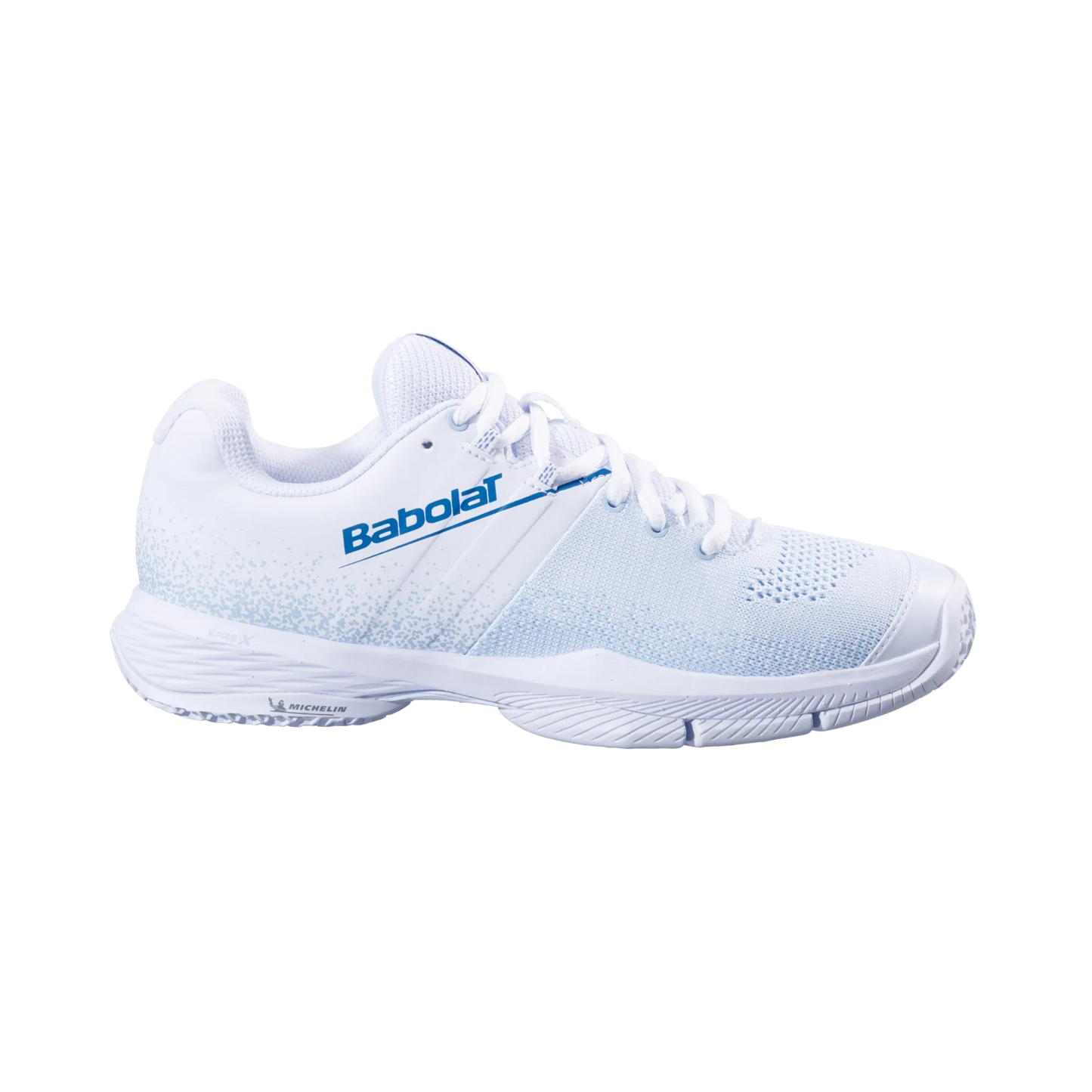 The Babolat Sensa White/Cool Blue Women Padel Shoes by Padel USA feature a breathable mesh upper, blue accents, white laces, and a Michelin rubber sole for grip, shown against a plain white background.