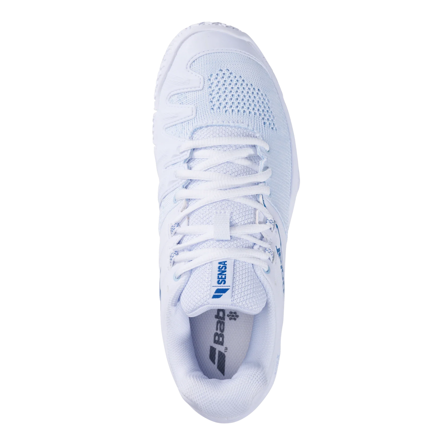 Top view of Babolat Sensa White/Cool Blue Women Padel Shoes by Padel USA, featuring light blue mesh details, white laces, blue branding, a gray "Babolat" insole logo, and a durable Michelin rubber sole for padel play.