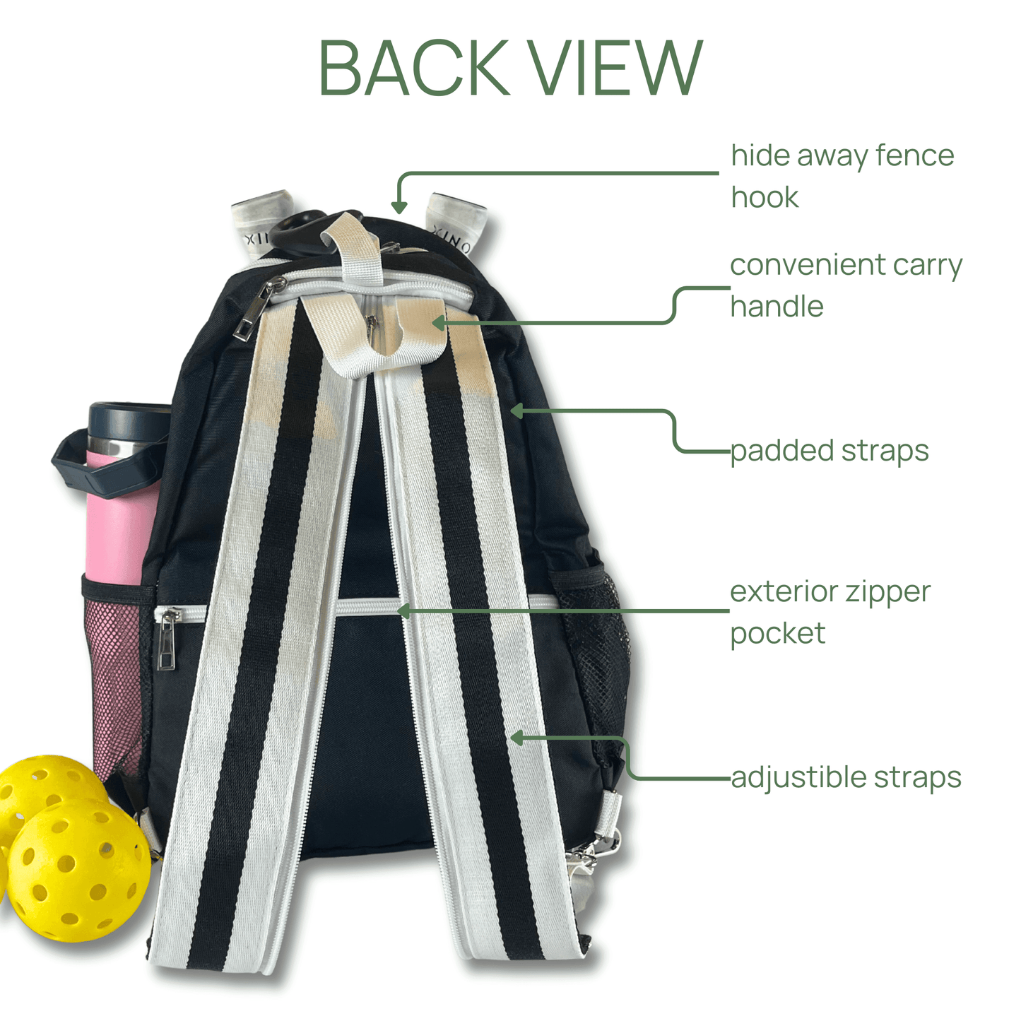 The Fresh Pickle Teddi Pickleball Backpack is shown from the back in black with white striped straps, featuring a hide-away fence hook, carry handle, padded and adjustable straps, roomy interior, and an exterior zipper pocket.