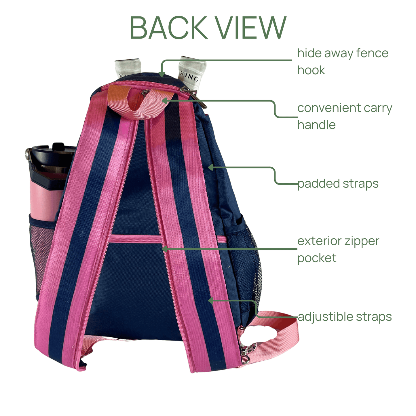 The Fresh Pickle Teddi Pickleball Backpack in navy blue has pink and blue striped padded, adjustable straps, a hide-away fence hook, carry handle, exterior zipper pocket, spacious interior, and side water bottle pocket. Back view shown.