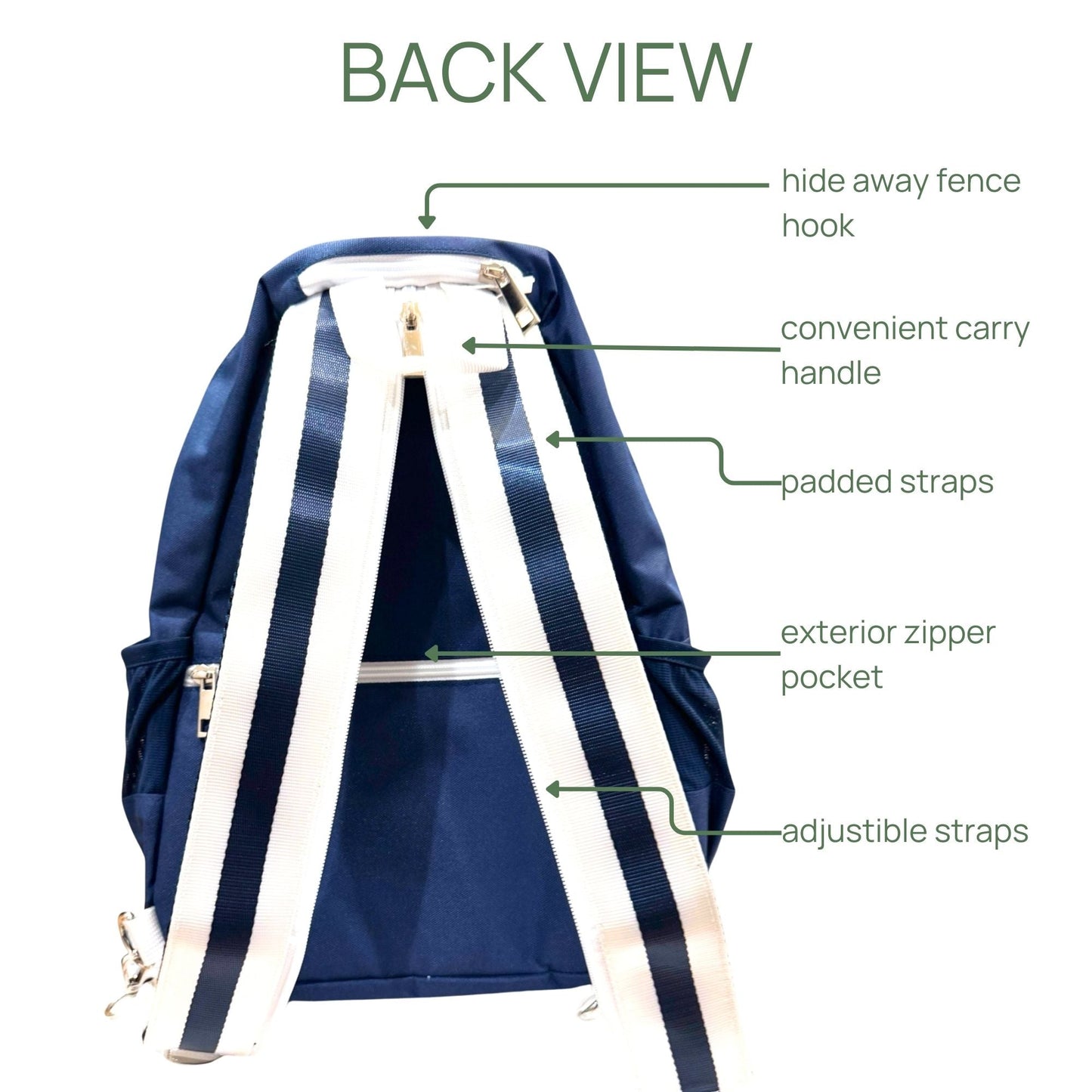 BACK VIEW: The Fresh Pickle Teddi Pickleball Backpack in navy, shown from the back, features wide white straps with a blue stripe, padded and adjustable. Labeled: hideaway fence hook, carry handle, exterior zipper pocket.