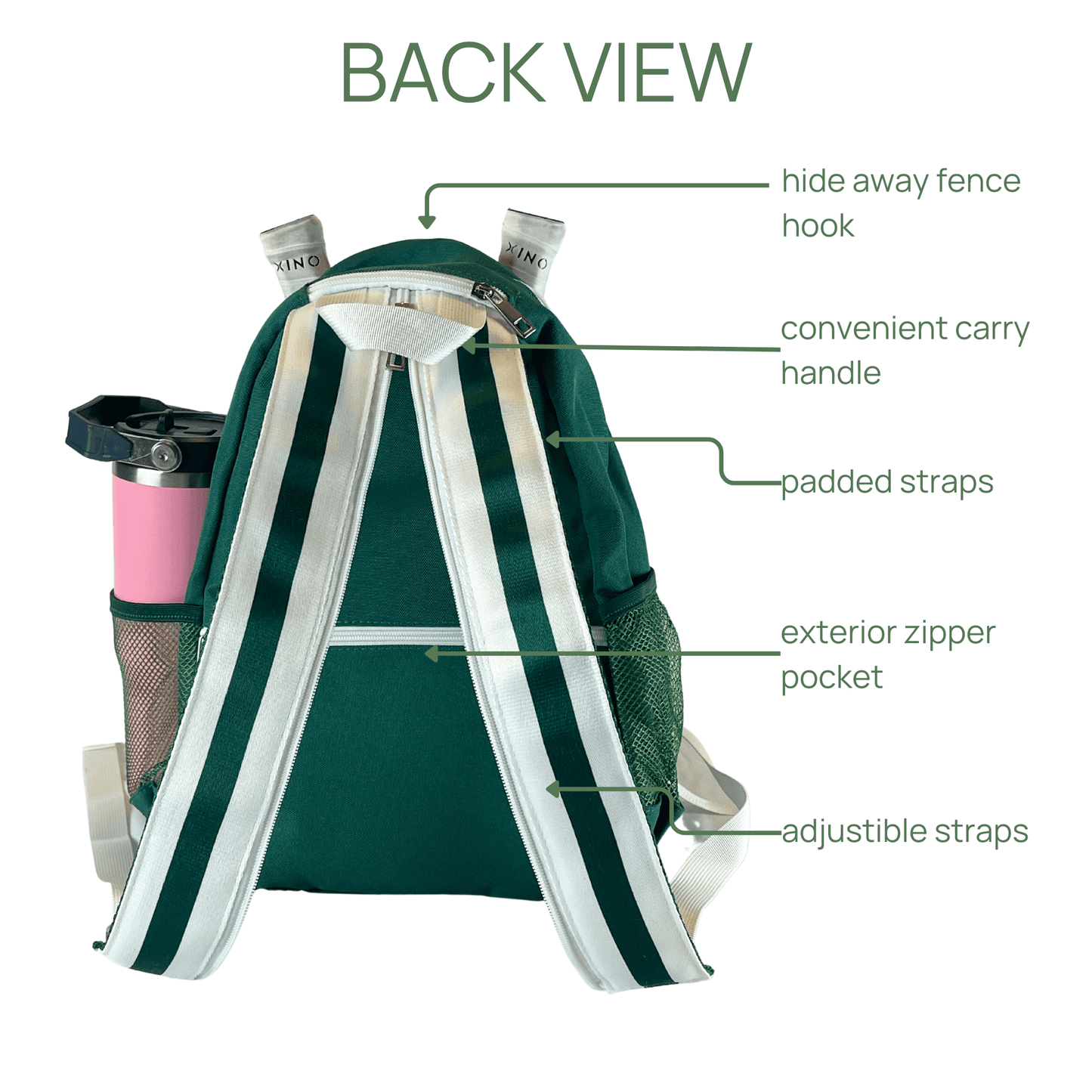 The Fresh Pickle Teddi Pickleball Backpack is shown from the back, with white and green padded straps, a carry handle, hide-away fence hook, exterior zipper pocket, mesh side pocket holding a pink water bottle, and labeled feature text.