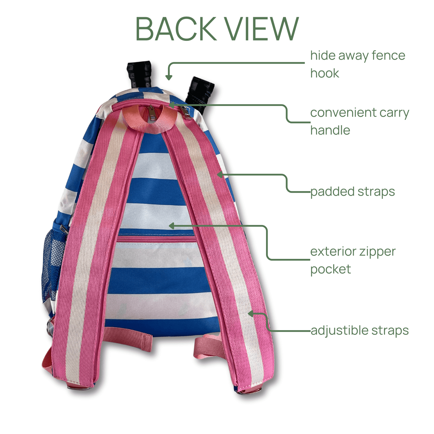 The Teddi Pickleball Backpack by Fresh Pickle features pink padded adjustable straps, a blue side mesh pocket, roomy interior, exterior zipper pocket, carry handle, and hide-away fence hooks—green lines label each feature on a white background.