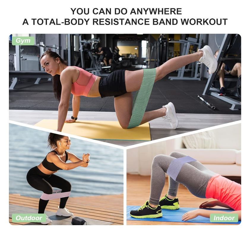 Three women use iReliev Premium Resistance Bands with reinforced stitching: At the gym, one does a glute kickback; outdoors, another squats; indoors, a third performs leg raises—all with bands around their thighs.