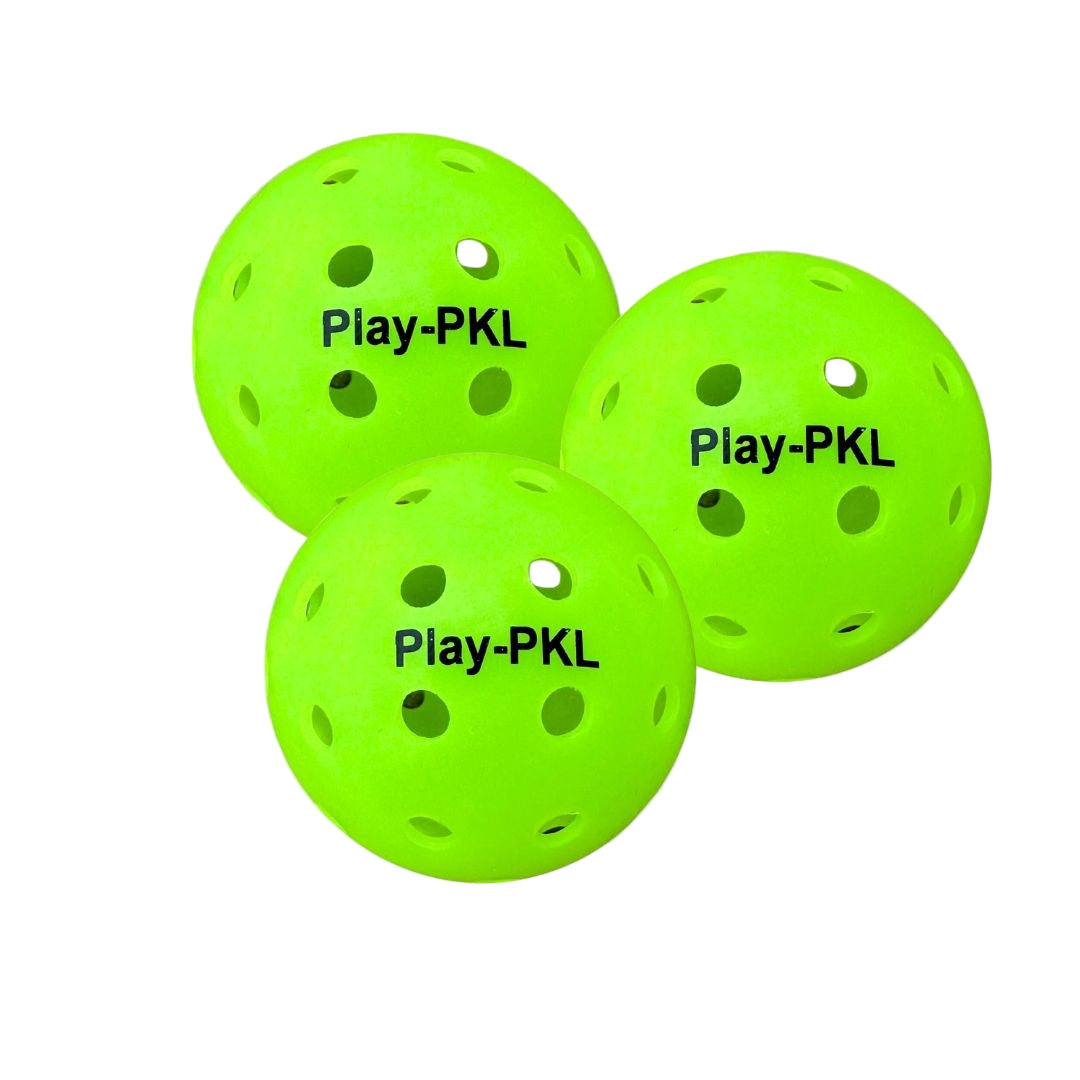 The Playly Store Banger Hard Surface Pickleballs (3-pack) features three bright yellow-green balls with "Play-PKL" in black text, designed for indoor courts and sporting multiple round holes for consistent play.