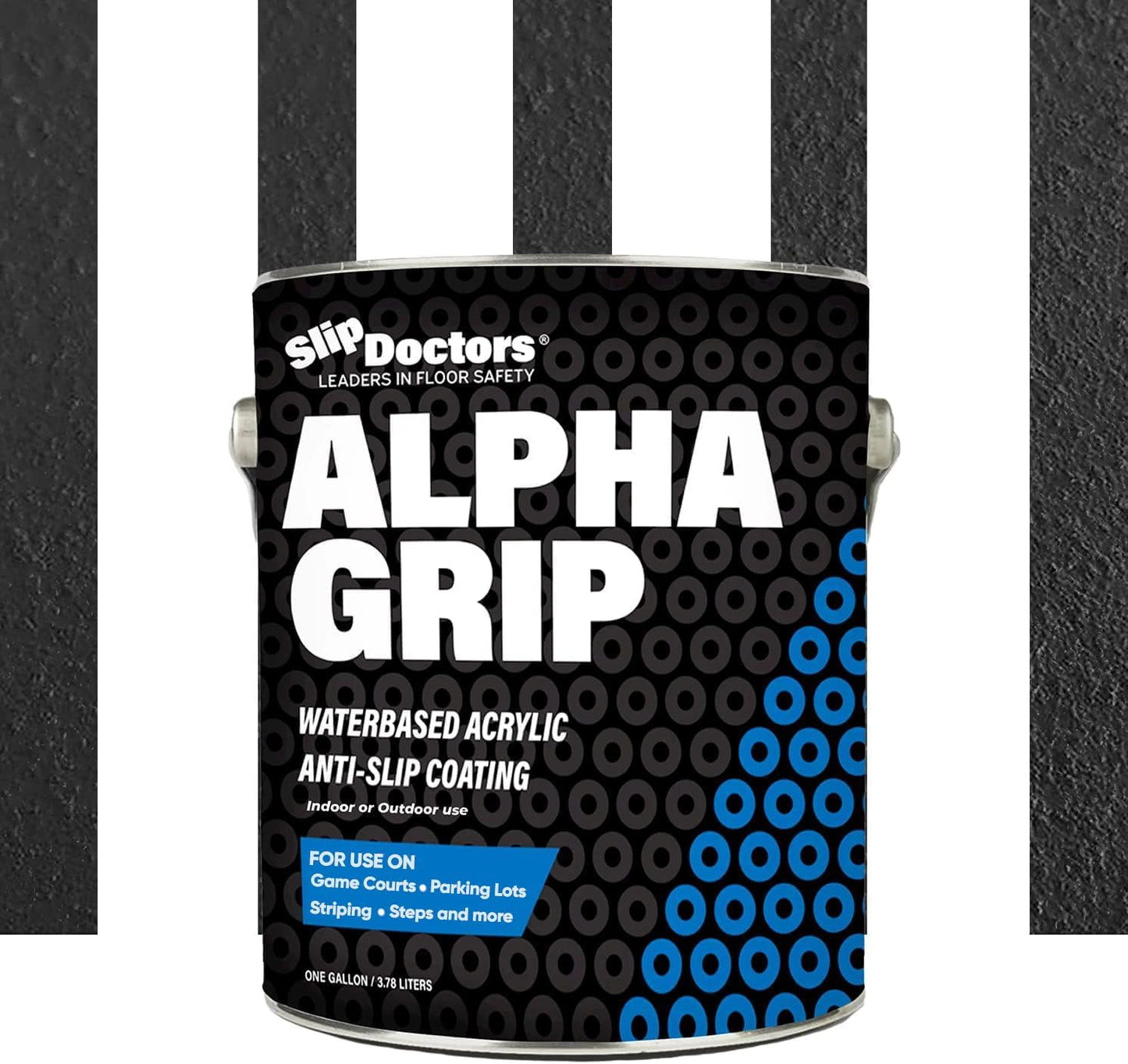A can labeled Alpha Grip Non-Slip Stripe and Athletic Court Paint by SlipDoctors is shown. The black can with blue patterns and bold white text sits on black asphalt with court stripes, ideal for safe, non-slip surfaces.