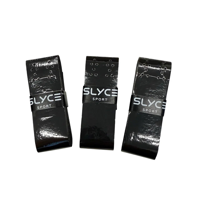 Three black resistance bands stand upright, each labeled Slyce Sport with small white geometric dot patterns above the logo. The shiny, reflective surface is similar to Slyce Sport’s GRYPs – Perforated Over-Wraps.