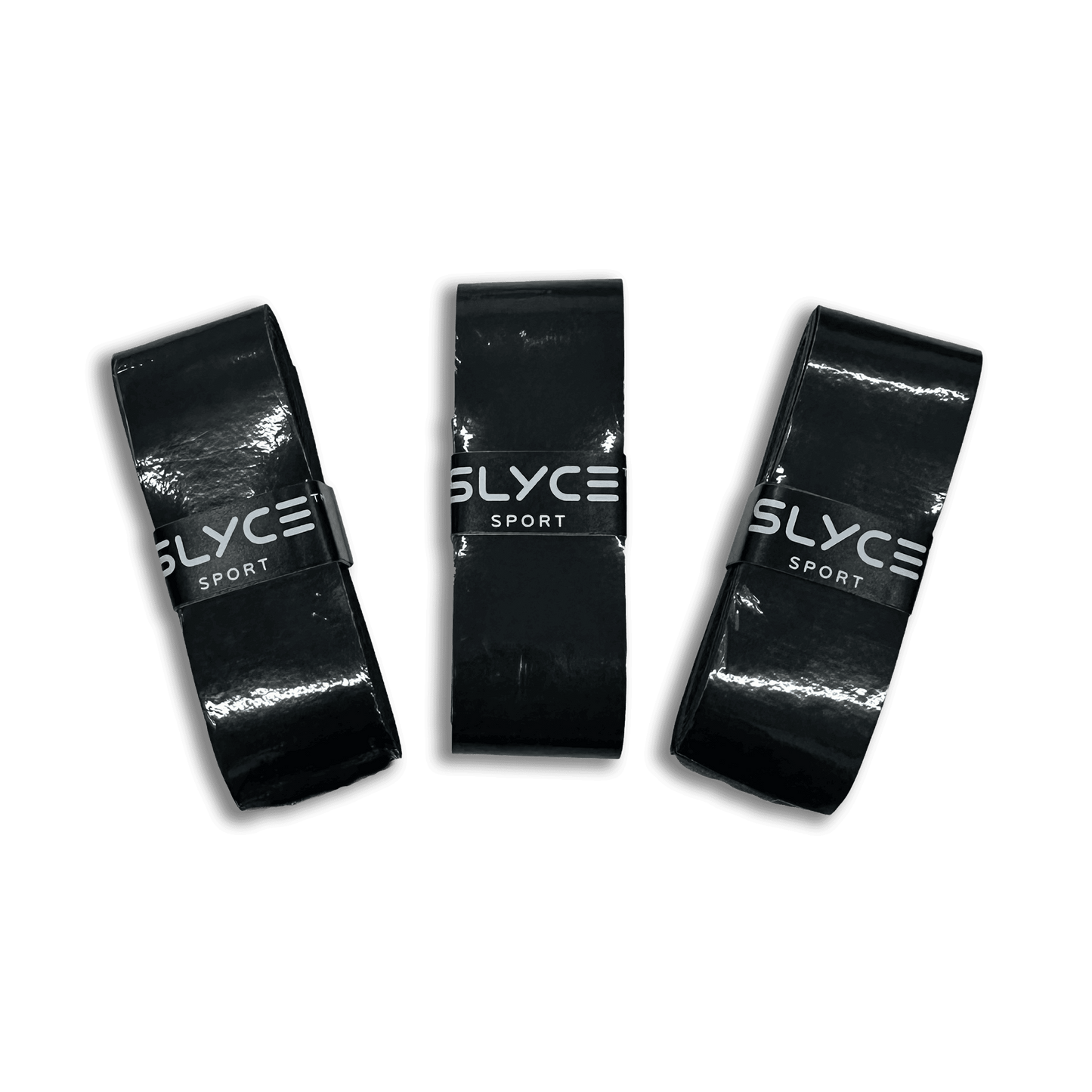 Three Slyce Sport GRYPs Over-Wraps, each in glossy black with white text packaging, stand upright side by side on a white background.