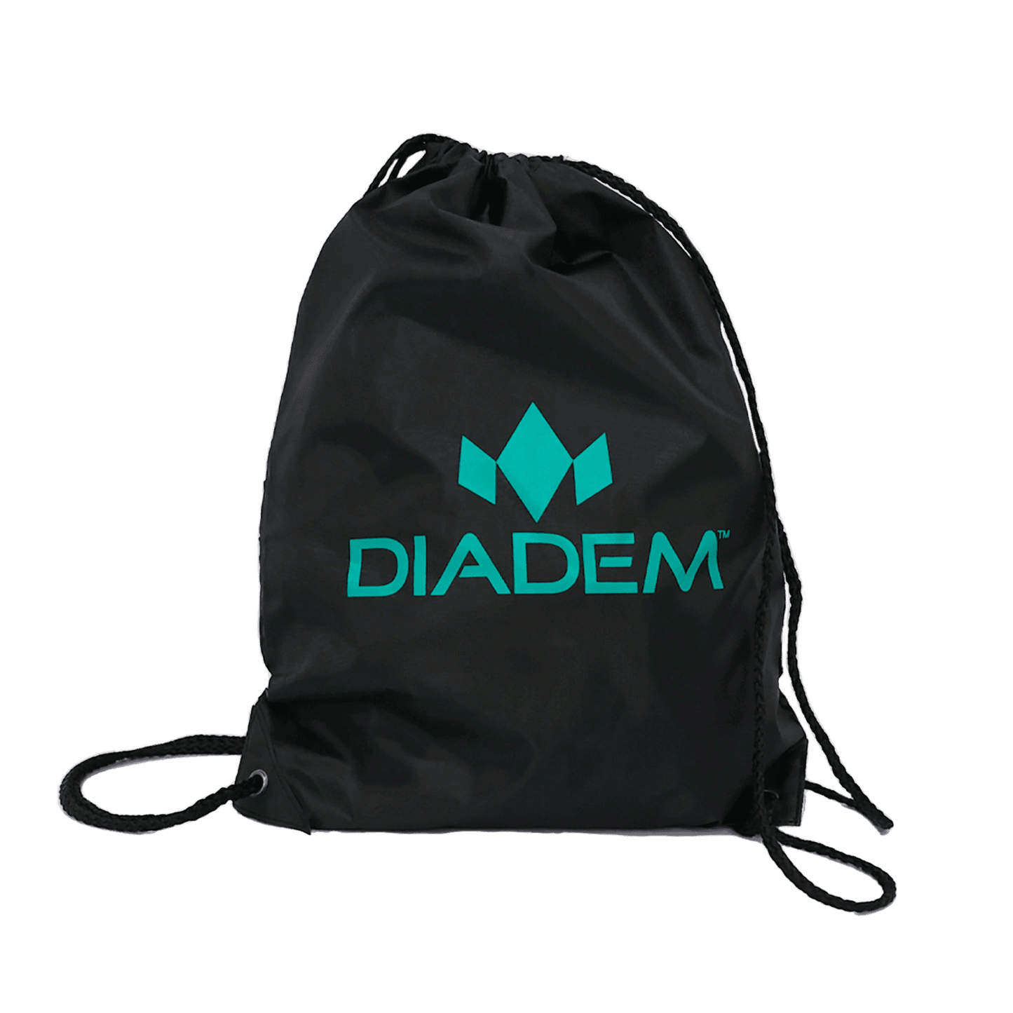 The Diadem Sports Draw String Bag is perfect as a tennis bag, featuring “DIADEM” and a turquoise geometric crown logo on black, with two thin drawstrings for shoulder straps. Background is plain white.