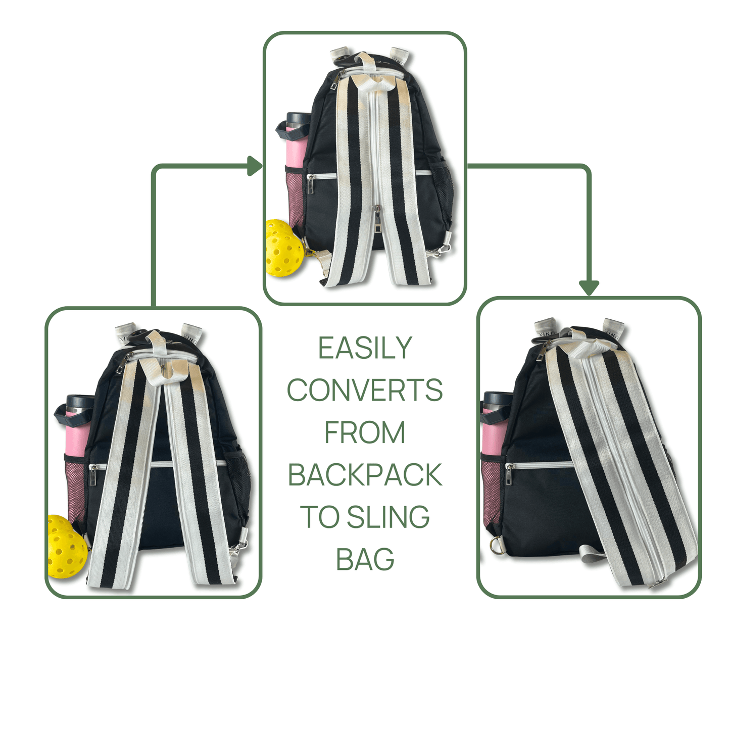 Three images show the Fresh Pickle Teddi Pickleball Backpack in black with white straps and side pockets. Arrows highlight how its adjustable straps let you easily convert it from a two-strap backpack to a single-strap sling bag.