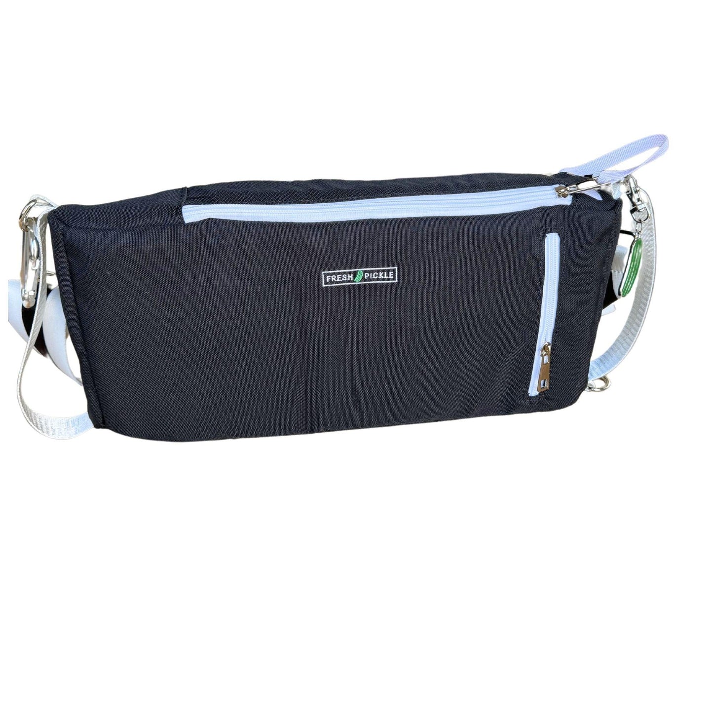 The Fresh Pickle Insulated Cooler Bag is rectangular and black with light blue trim, two zippered pockets, removable white straps, and a logo—great for carrying court essentials or using as a soft-sided cooler.