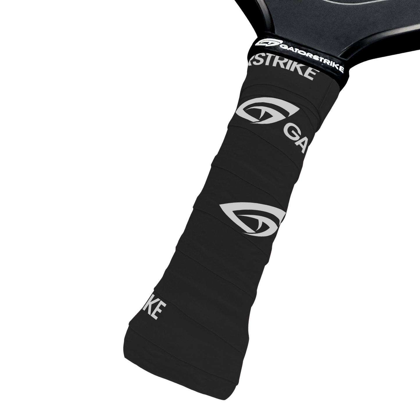 Close-up of a GATORSTRIKE™ paddle handle wrapped with GATORSTRIKE Tacky Over Grips (3 Pack), showing textured overgrips, bold white GATORSTRIKE branding, stylized G logos, and part of the paddle edge and face.