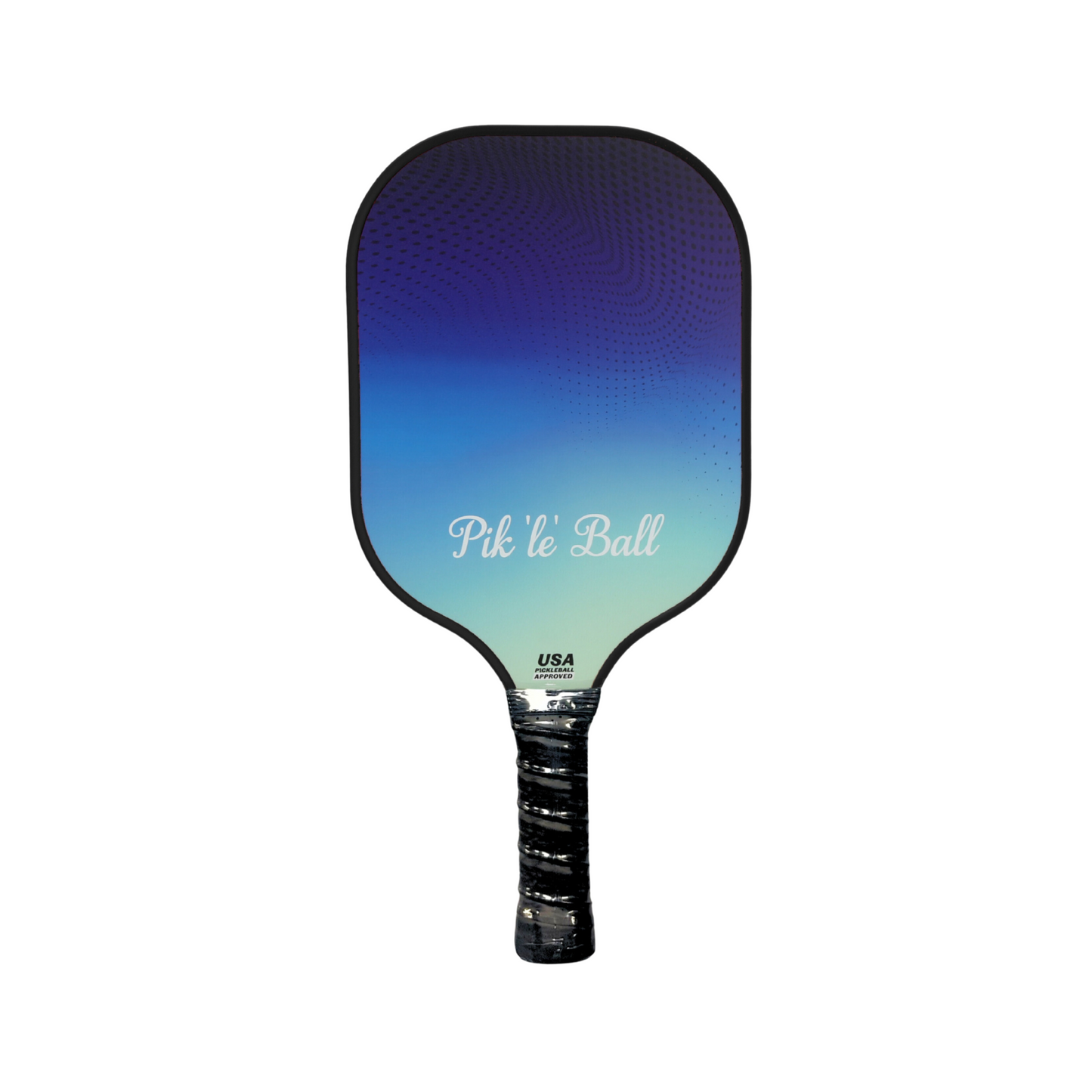 The Pik'le'Ball Sports Carbon Fiber Pickleball Paddle (USAPA Approved) features a lightweight design, black edge, blue-to-turquoise gradient face with "Pik le Ball" in white script, textured black handle, and USAPA Approved label.