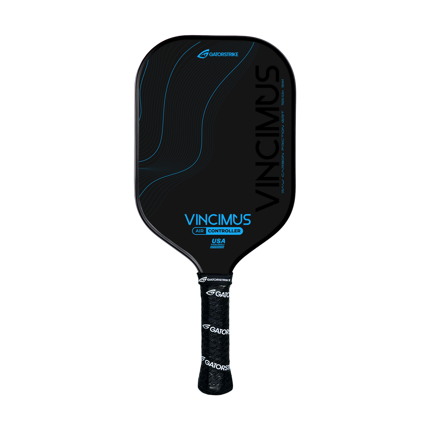 The black GATORSTRIKE Vincimus AIR CRUISER T700 pickleball paddle has blue accents, a lightweight unibody design, patterned grip, “GATORSTRIKE” at the top, “Vincimus” on the face, and a USAPA certification logo for competitive play.