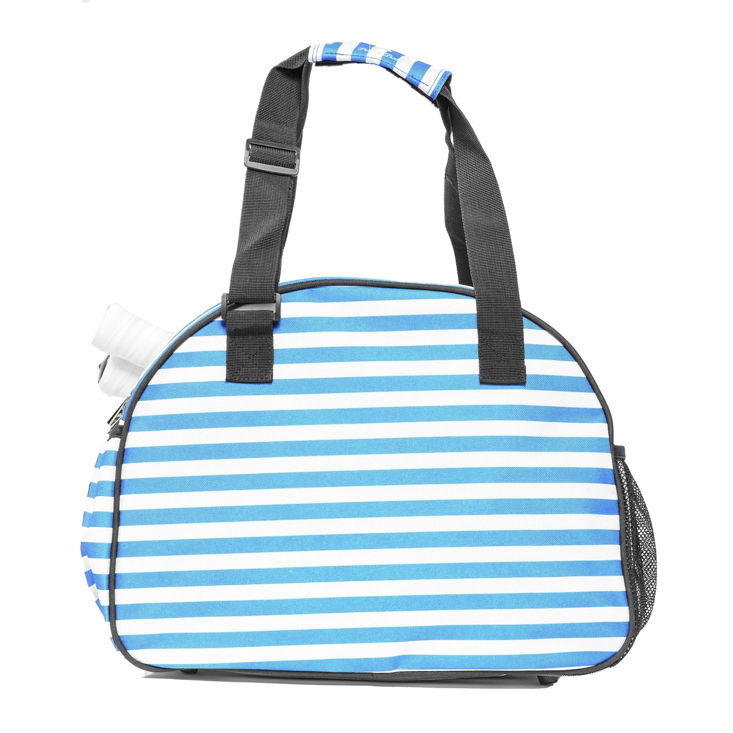 The Pik'le'Ball Sports Stylish Stripe Premium Women's Pickleball Bag features blue and white stripes, black handles with a padded grip, organizer pockets, a visible white water bottle in the left pocket, and a mesh right side pocket.