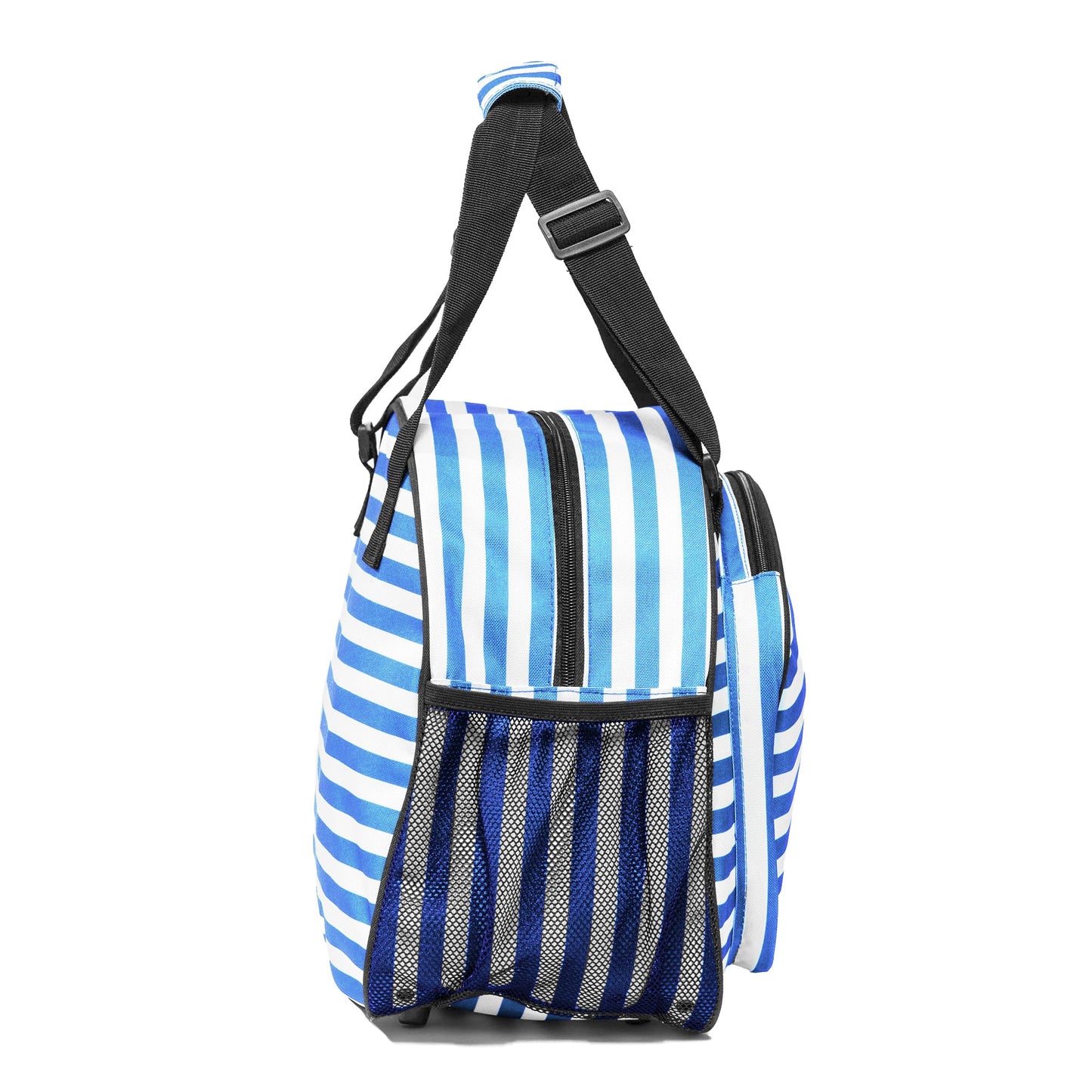 A side view of the Pik'le'Ball Sports Stylish Stripe Premium Women's Pickleball Bag, featuring blue, white, and light blue stripes, an adjustable black carry strap, mesh pocket, zippered compartment, and organizer pockets.