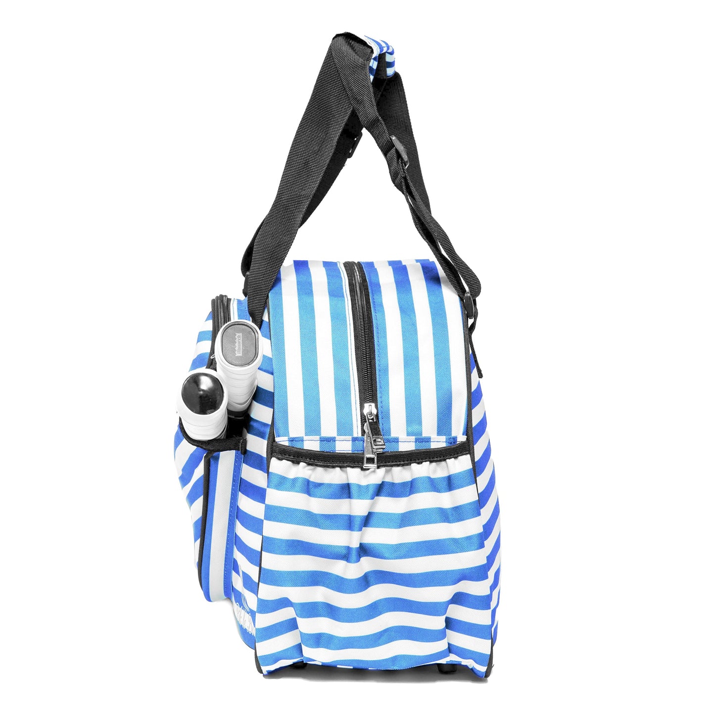 The Pik'le'Ball Sports Stylish Stripe Premium Women's Pickleball Bag features blue and white stripes, a top zipper, black shoulder strap, organizer pockets, and stores two white containers with black lids in a side pocket. Shown upright on a plain white background.