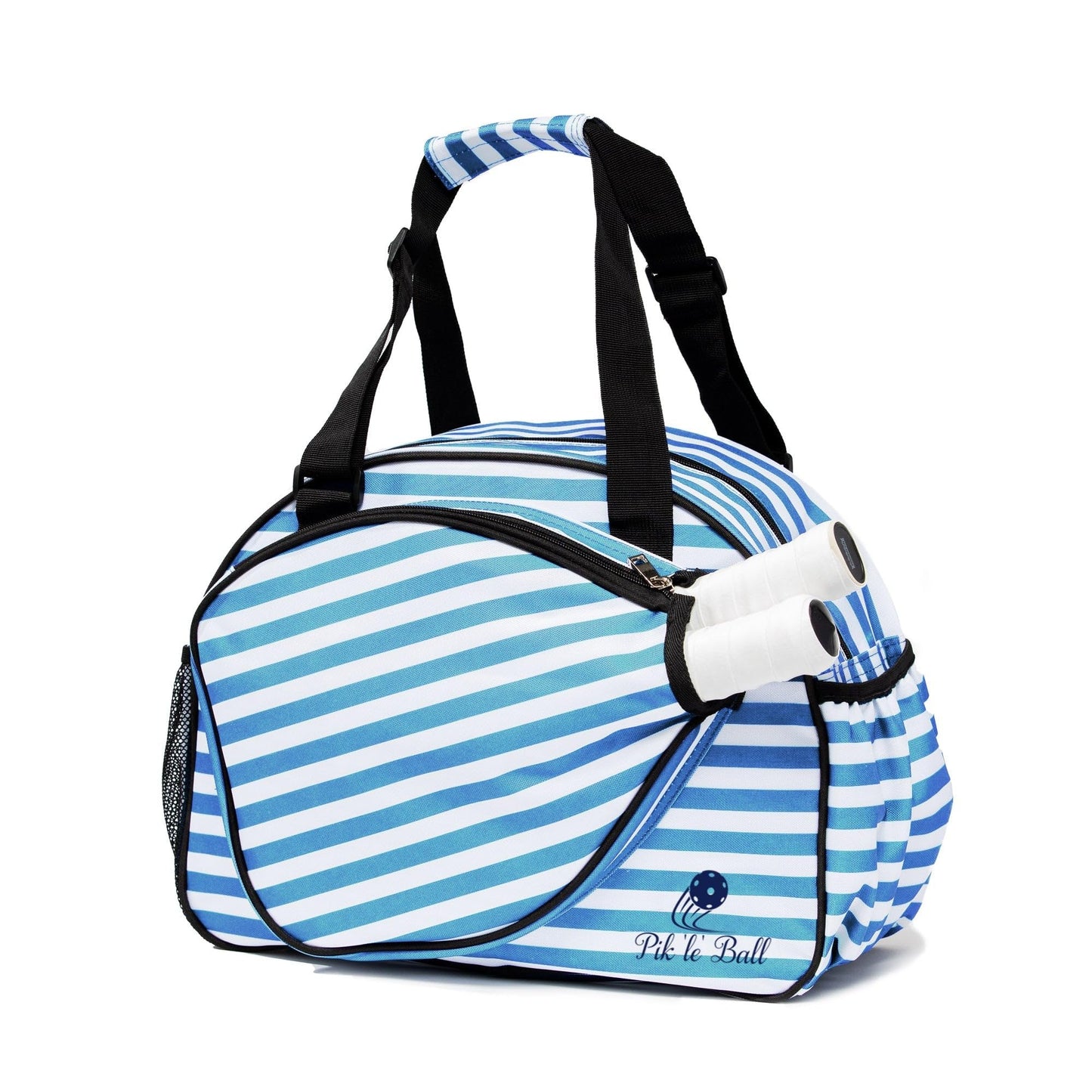 The Pik'le'Ball Sports Stylish Stripe Premium Women's Pickleball Bag features blue and white stripes, black handles and zippers, organizer pockets, a carry strap, and "Pickle Ball" text with a graphic printed on the lower right.