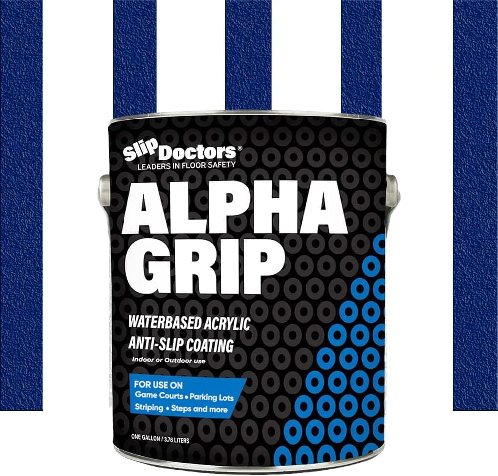 A can of SlipDoctors Alpha Grip Non-Slip Stripe and Athletic Court Paint is centered against blue and white vertical stripes. The black can features a circular pattern, blue accents, and highlights its use on indoor or outdoor surfaces.