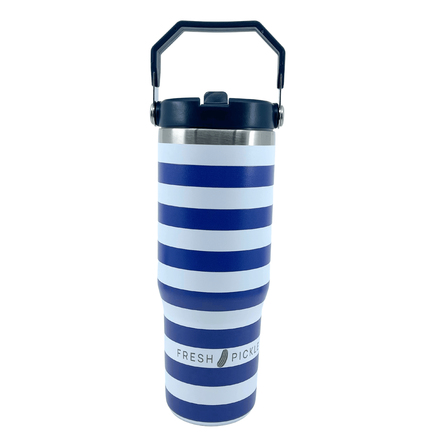 The Fresh Pickle Tumbler by Fresh Pickle features a tall, double-walled vacuum-sealed design, blue and white horizontal stripes, a secure lid with black handle, and "FRESH PICKLE" near the bottom for lasting freshness on the go.