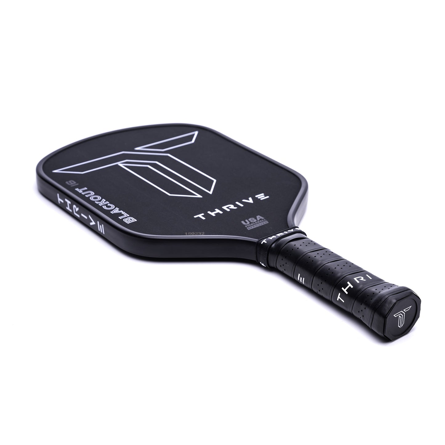 A black Thrive Pickleball Blackout 16mm (POWER SERIES) paddle with white accents is angled on a white background. It displays the word THRIVE, stylized T logo, BACKOUT 16 text, and branding along the handle. Includes head cover and accessories.