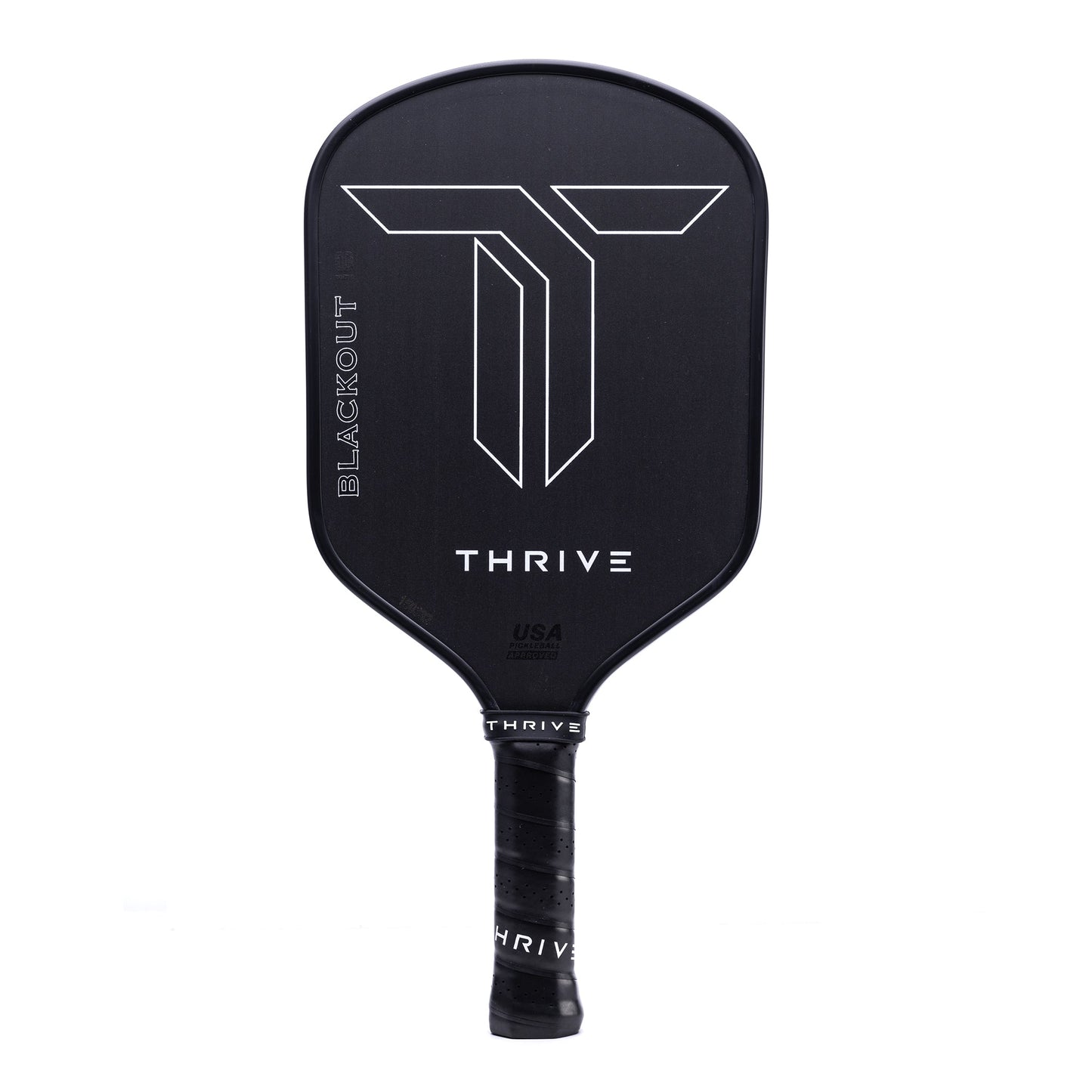 The Blackout 16mm POWER SERIES from Thrive Pickleball features a black fiberglass face with a bold T-shaped logo, "BLACKOUT" on the side, "THRIVE" in white across the center, and a gripped handle labeled THRIVE. Includes cover, weights, key chain & card.