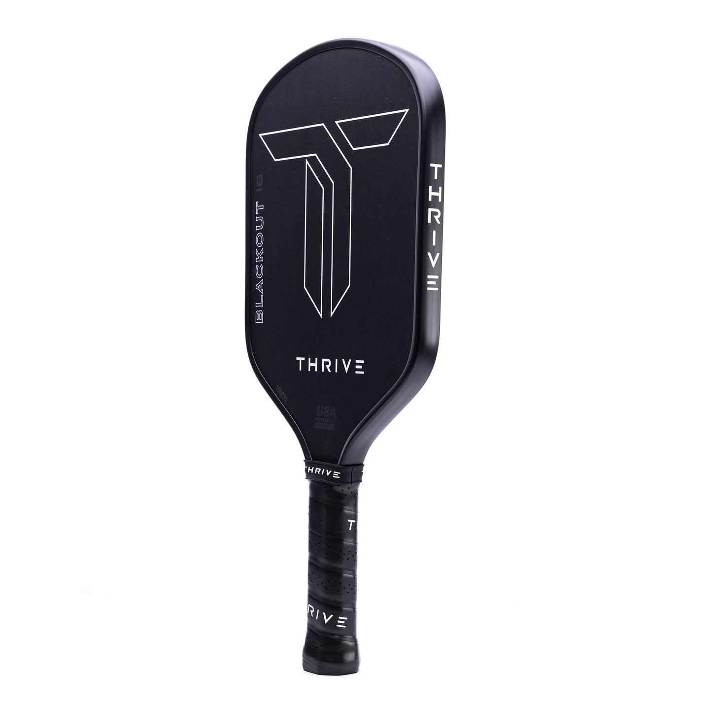 The Blackout 16mm POWER SERIES pickleball paddle by Thrive Pickleball features a bold “T” logo, BLACKOUT edge, textured grip, and comes with a head cover, lead weights, key chain, and weight card.