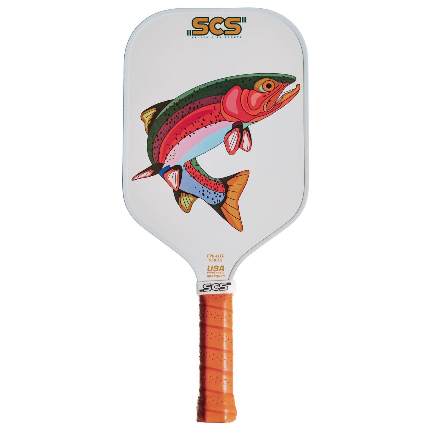 The Bow | Evo-Lite Series by Salted City Sports is a white pickleball paddle featuring a vibrant trout fish illustration, an orange grip handle, and SCS plus USA Pickleball approved logos near the base.