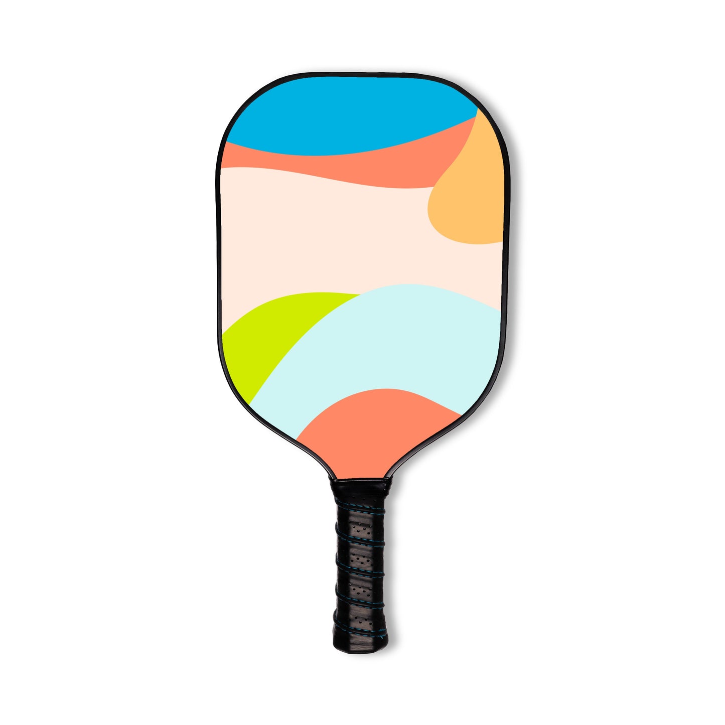 The Swinton Pickleball Hero Breeze Paddle is USA Pickleball approved, featuring a black handle and an abstract, colorful face with curved shapes in blue, orange, peach, yellow, green, and teal on a white graphite background.