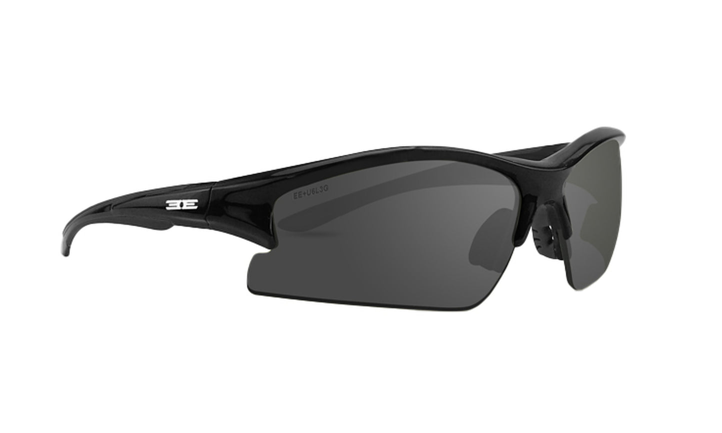 The Brodie by Epoch Eyewear are stylish black wraparound sunglasses with dark tinted, semi-rimless lenses, a sleek aerodynamic frame, visible nose pads for comfort, and a white “3E” logo on the left temple.