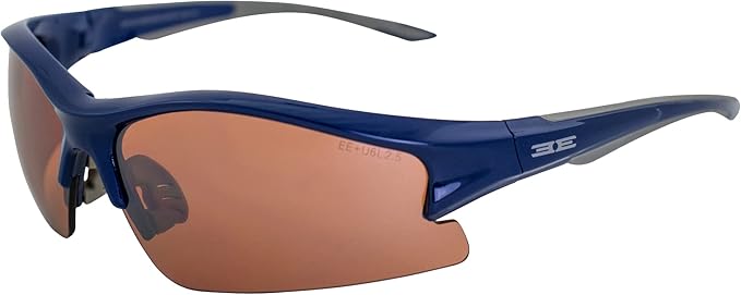 The Brodie sunglasses by Epoch Eyewear feature a glossy dark blue frame, curved brown-tinted lenses, black nose pads, and gently curved arms for comfort. The white 3E logo accents the left temple for a stylish finish.