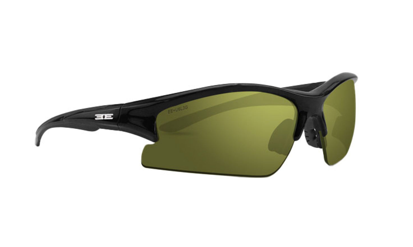 The Brodie by Epoch Eyewear features stylish black frames with wraparound olive-green tinted lenses, a narrow nose bridge, and a durable semi-rimless design. The left arm displays a small silver "3E" logo.