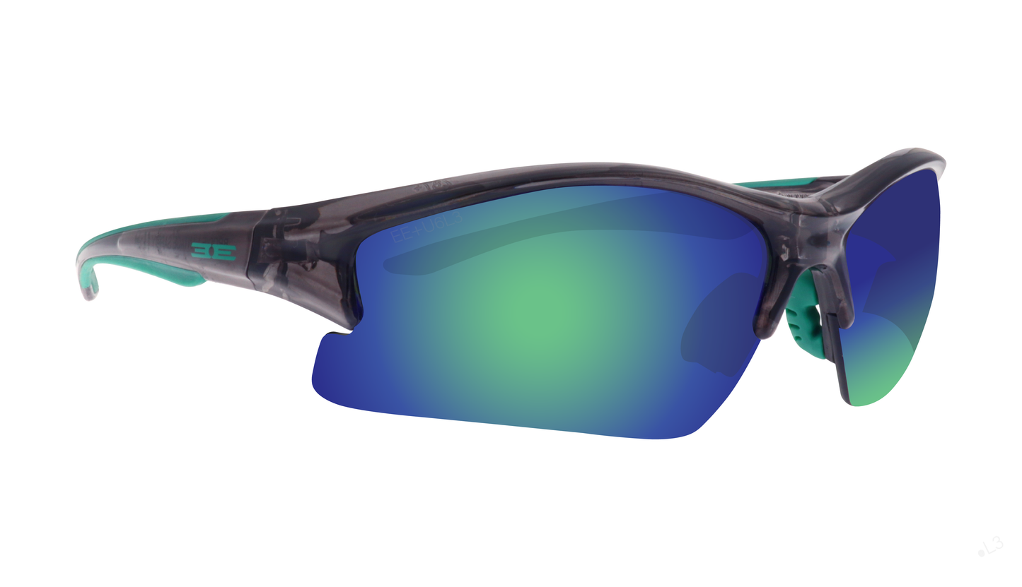 The Brodie by Epoch Eyewear features sporty wraparound sunglasses with blue-green mirrored lenses, a black semi-rimless frame, and green accents on the arms and nose pads, shown against a white background.