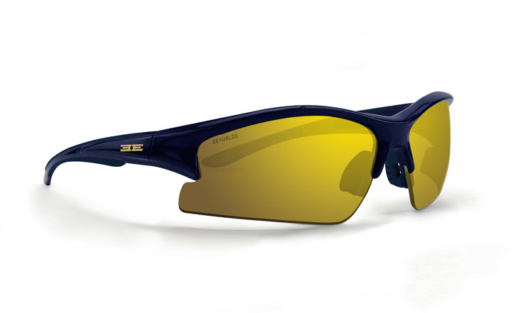 The Brodie by Epoch Eyewear features a dark blue durable frame, yellow-tinted semi-rimless lenses, and a gold "3E" logo on the temple. Its curved design offers a sleek, aerodynamic look perfect for athletic activities.