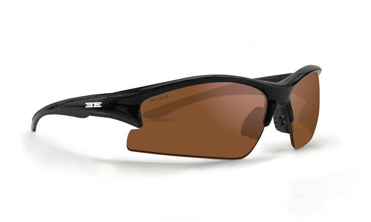 The Brodie by Epoch Eyewear are stylish black wrap-around sports sunglasses with wide, brown-tinted semi-rimless lenses, a durable frame, silver “3E” logo on the arm, and comfortable black nose pads. Set against a plain white background.