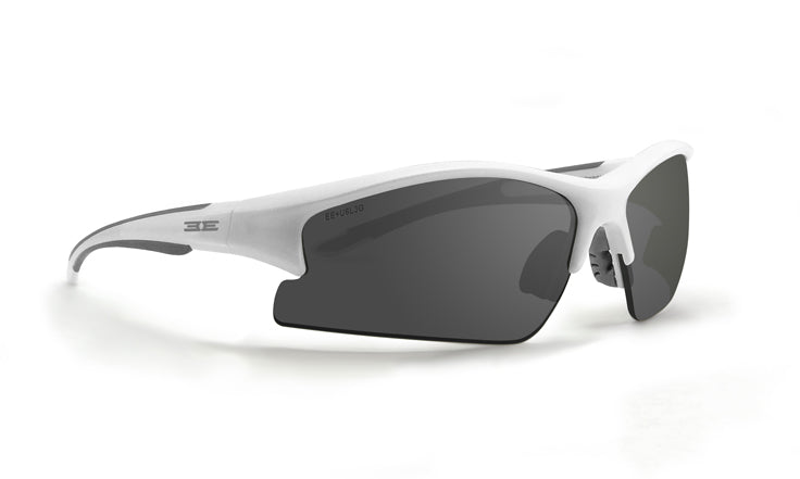 The Brodie sunglasses by Epoch Eyewear feature a durable white frame, dark semi-rimless lenses, and sleek curved arms with a subtle "3E" logo near the hinge. Stylish and sporty, perfect for any occasion. Plain white background.