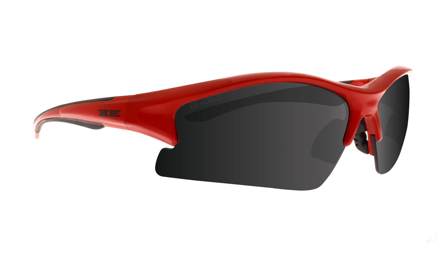 The Brodie by Epoch Eyewear features stylish red wraparound frames with thick curved arms, large black semi-rimless lenses, and a logo on the temple—a modern, durable choice for athletic or outdoor activities.