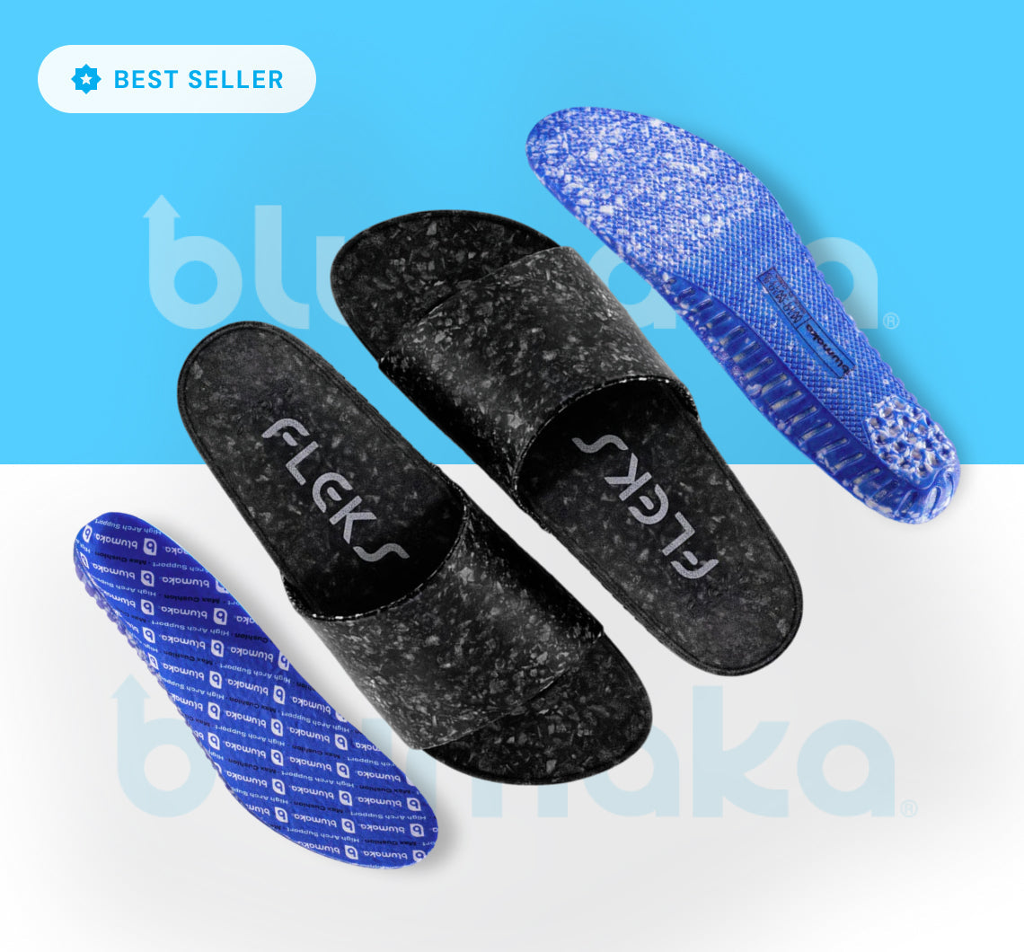 Four Blumaka Recovery Bundle insoles are arranged diagonally on a half-blue, half-white background. Two are black with "FLEKS" in white, and two are blue with textured patterns. A "BEST SELLER" badge appears in the top left corner.