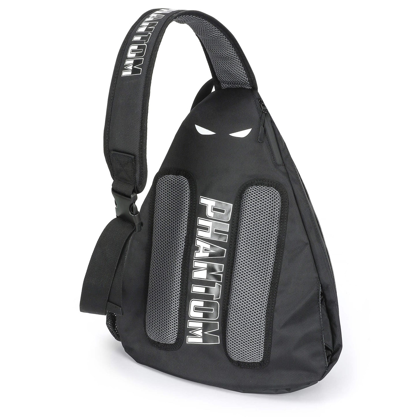 The Phantom Pickleball Sling Bag by Phantom Pickleball is a black, triangular bag with a single adjustable strap, two mesh panels, bold white PHANTOM lettering, and eye-shaped accents—ideal for carrying your sports equipment.