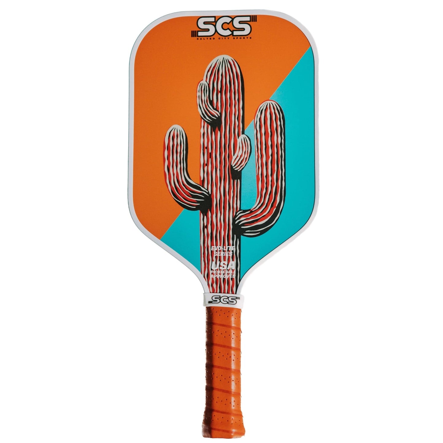 The Salted City Sports Cacti Evo-Lite Series paddle features a vibrant orange and teal design with a large cactus illustration, bright orange grip tape, and “SCS” displayed at the top and bottom of the USA Pickleball approved paddle face.