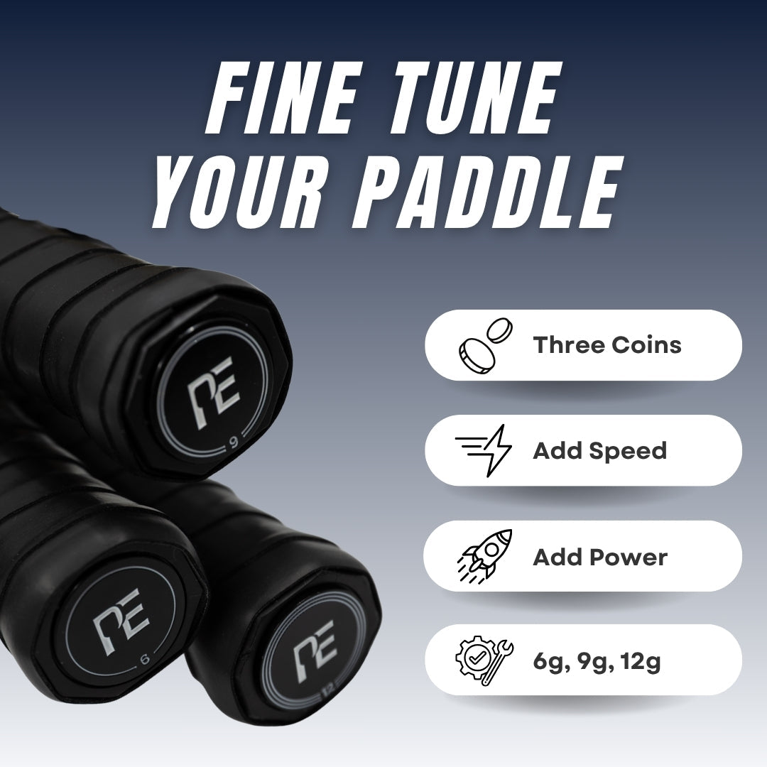 Three black pickleball paddle handles with RE logos are shown under “Fine Tune Your Paddle.” To the right, Cap Coin Sampler by Pickleball Effect Shop offers 6g, 9g, or 12g adjustable weights to customize your paddle’s maneuverability.