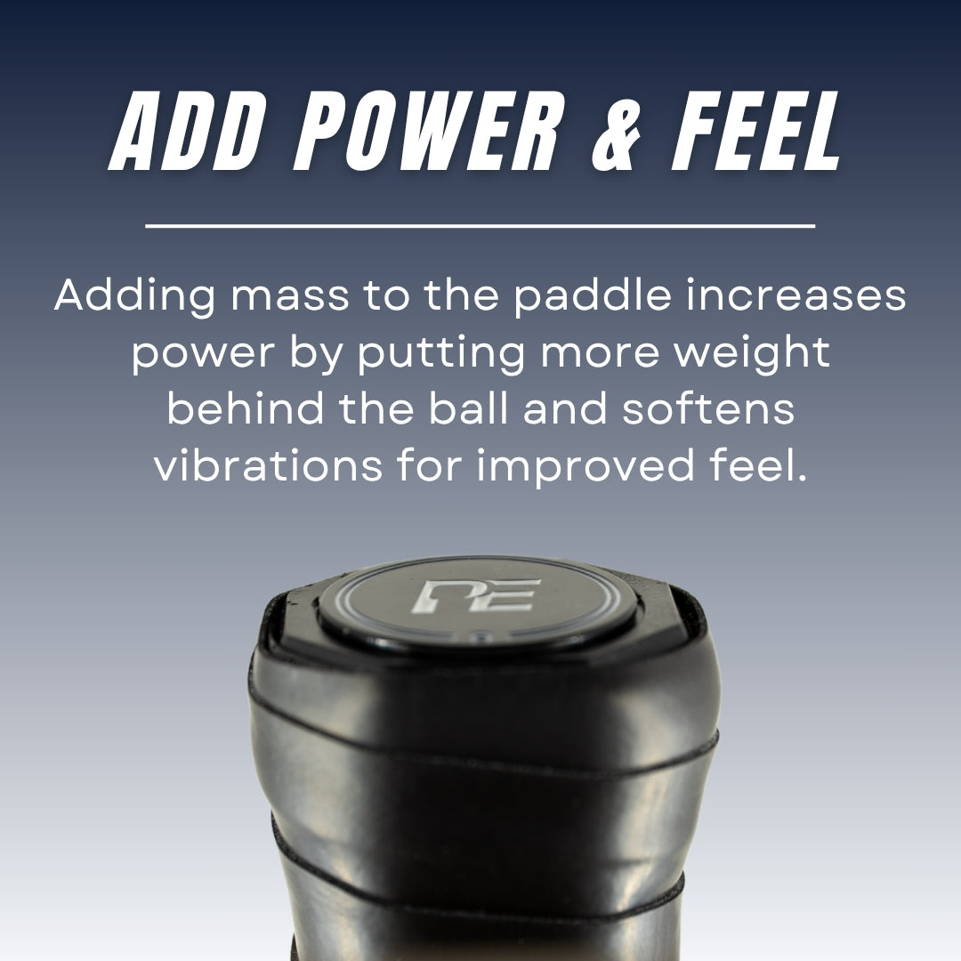 Close-up of the Cap Coin Sampler handle by Pickleball Effect Shop, featuring a cap coin logo. Bold text: “Add Power & Feel.” Discover how paddle weights boost power, enhance control, and reduce vibrations. Blue gradient background.