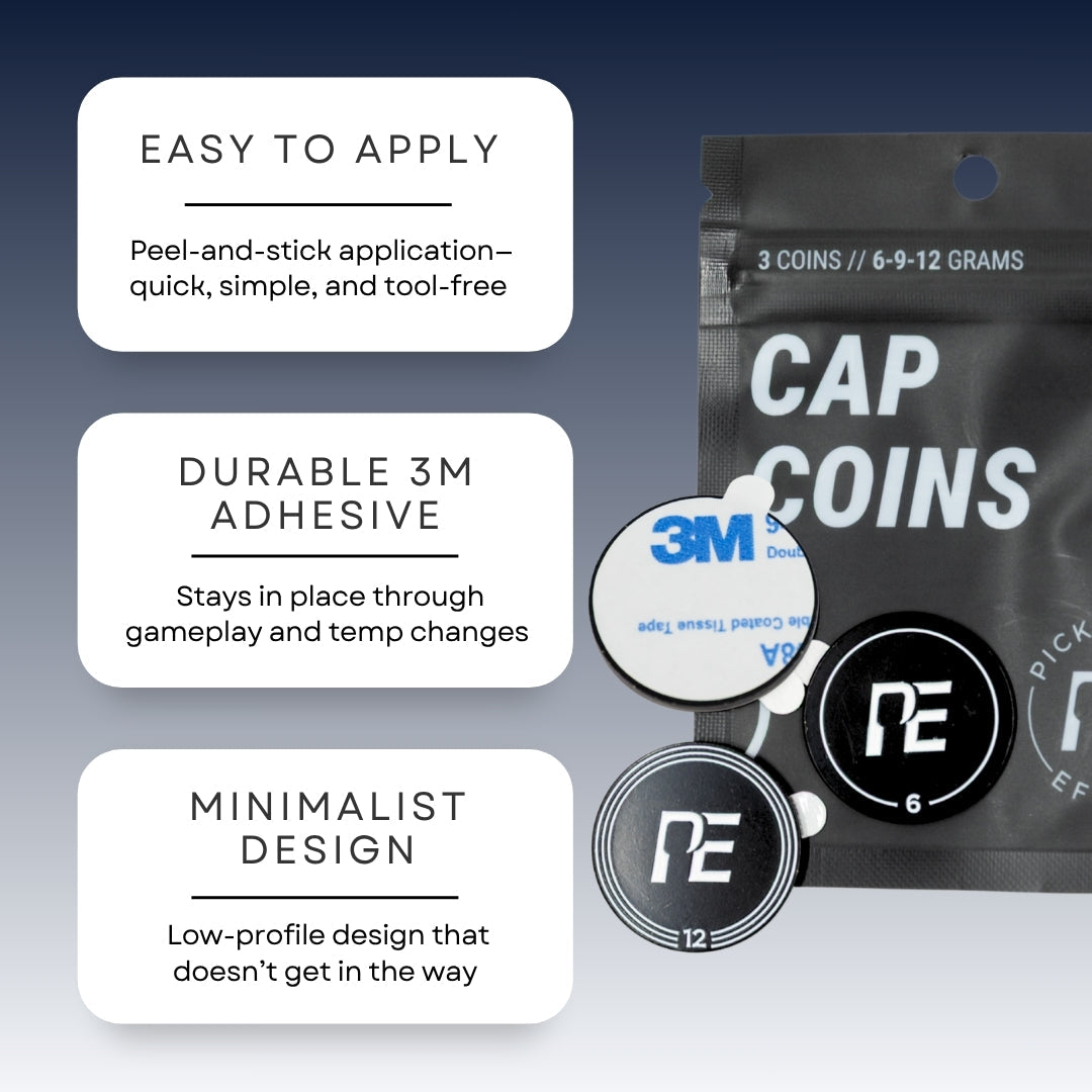 A product image of the Cap Coin Sampler by Pickleball Effect Shop—small, round, black game discs with white text—beside packaging. Three text boxes show: easy peel-and-stick use, durable 3M adhesive, and better paddle maneuverability.
