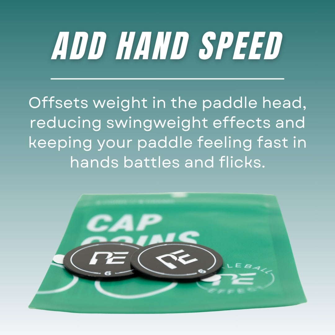 Two black Cap Coins from Pickleball Effect Shop, marked "RE 6," sit before a green pouch labeled "CAP COINS." Text above explains adding Cap Coins here improves your pickleball paddle's balance and speed for quicker hand battles and flicks.