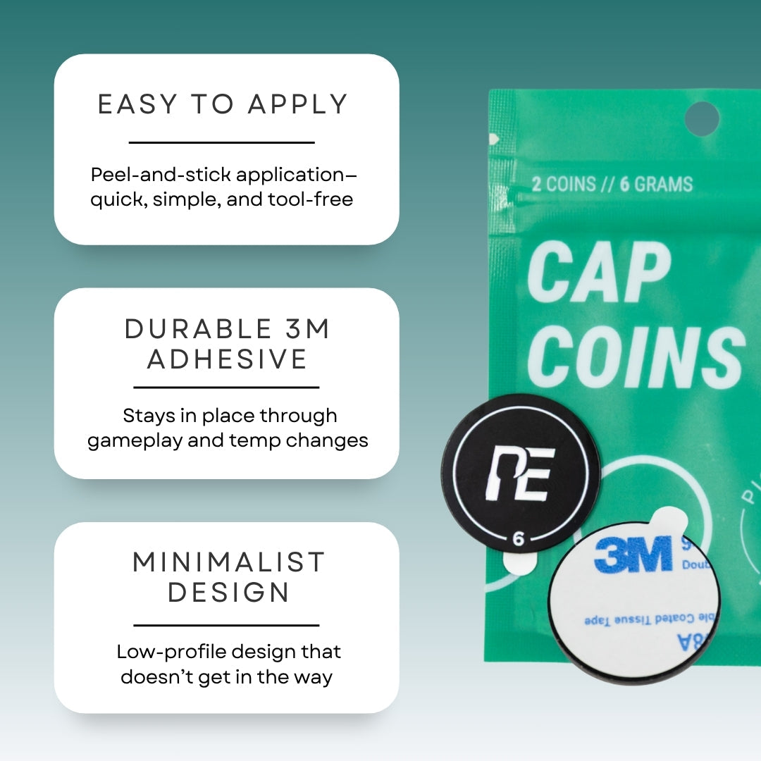 A teal Cap Coins package from Pickleball Effect Shop sits next to two round black and white RE 6 stickers. Text boxes highlight easy peel-and-stick use, strong 3M adhesive, and better balance for your pickleball paddle.