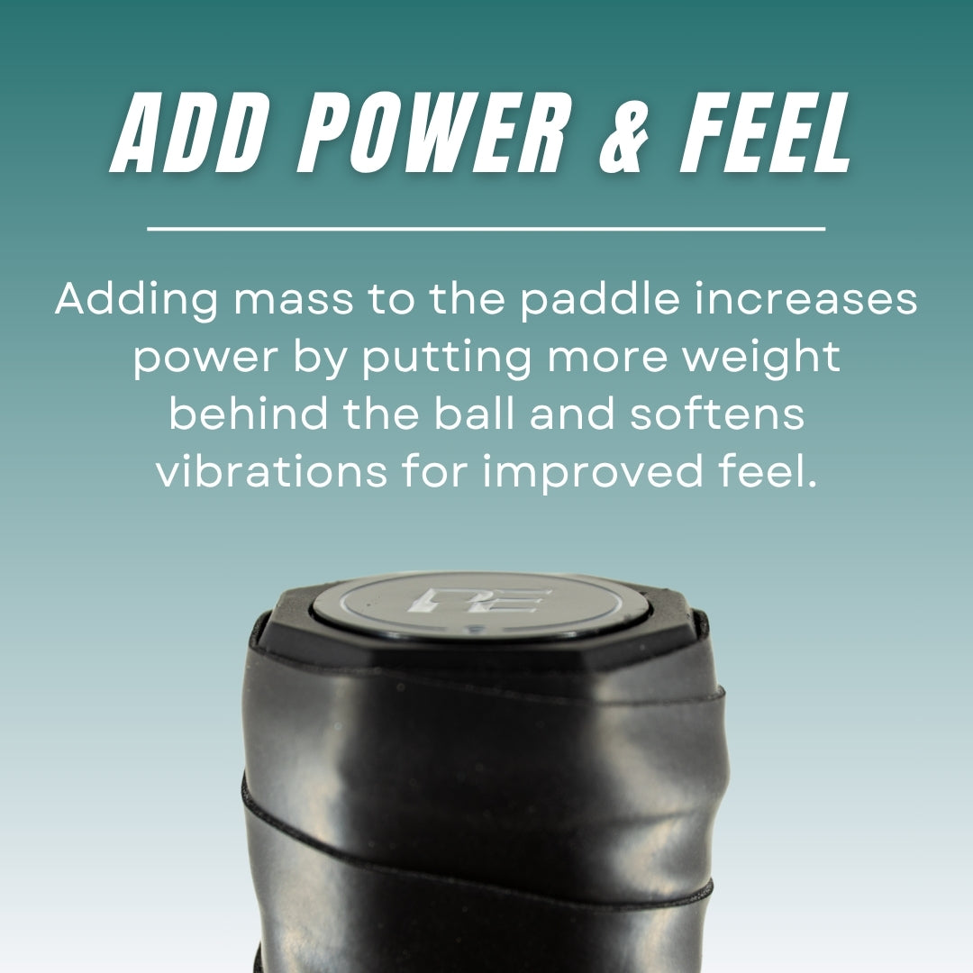 A black paddle handle with a Cap Coin from Pickleball Effect Shop on top, set against a teal gradient. White text above reads, “ADD POWER & FEEL,” showing how Cap Coins can adjust your pickleball paddle’s weight and performance.