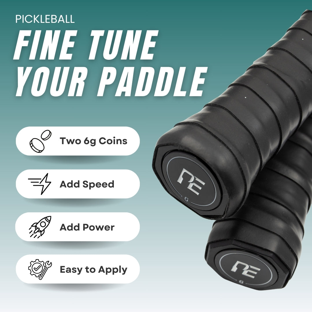 Two black paddle handles from Pickleball Effect Shop are shown on a teal background. Bold white text says FINE TUNE YOUR PADDLE. Three icons highlight Cap Coins: Two 6g weights, Add Speed & Power, and Easy Application.