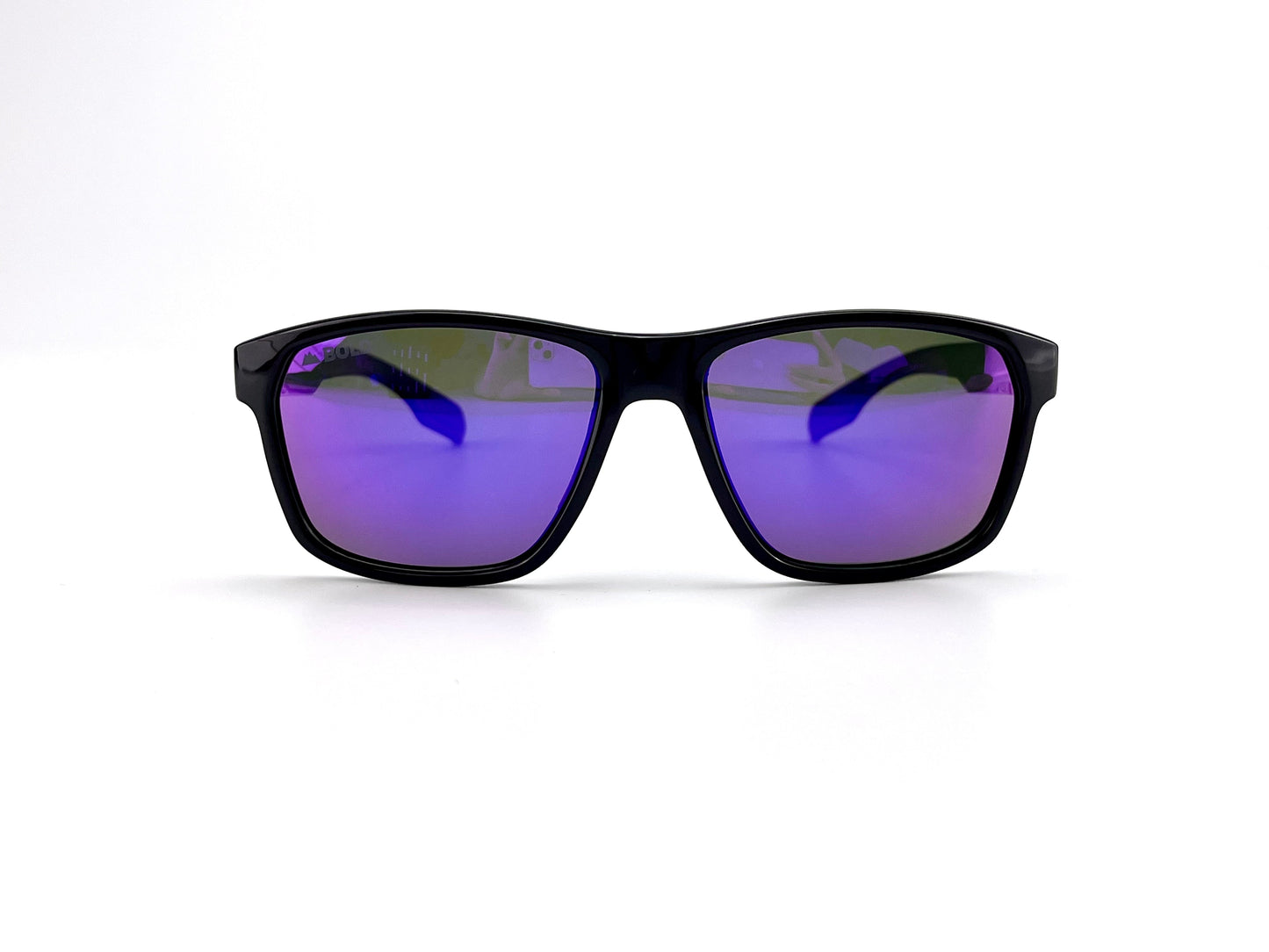 The BOLD Thunderhead Performance Sunglasses by boldouterwear feature thick black rectangular frames and mirrored purple fixed-tint lenses, offering stylish UV protection for MTB, ski, and lifestyle use, showcased on a white background.
